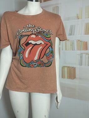 The Rolling Stones Rust Tee with Red Tongue & Multicolor Floral Graphic
